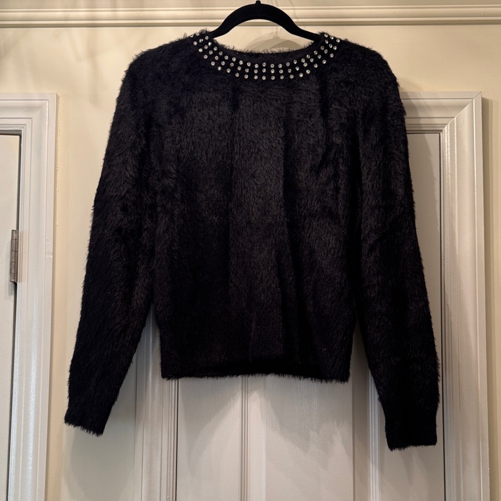 Aqua Black Fuzzy Sweater with Metallic Accents